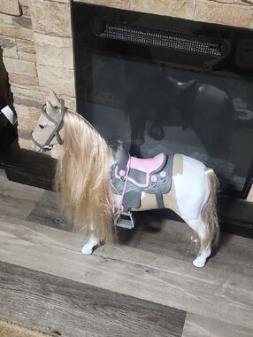 Blonde Mane Pink & Gray Riding Horse Toy, Kids Dolls Accessories. Hair Needs Bru